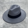 Classic grey felt fedora hat with a wide black ribbon band in a vintage unisex style - Gray