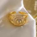 Luxurious gold-plated geometric ring with sparkling zircons on white silk background - Adjustable Open / Multi-layer Geometric Style (14170)
