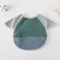 Waterproof baby feeding bib with short sleeves in dark green and grey blue design - Shawl - Dark Green Color Block / One Size