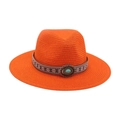 Chapeau de soleil en paille orange avec bande tissée ethnique et ornement turquoise - Chapeau de Paille Orange (Pierre Bleue Ovale)