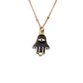 Gold Hamsa Hand necklace with black enamel pendant and evil eye detail on white background - Black