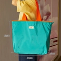 Eco-friendly foldable turquoise tote bag with orange handles and detailed dimensions - L Blue