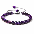 Adjustable 6mm purple tiger eye natural stone bead bracelet with woven black cord - 6mm / Purple Tiger Eye