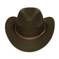 Close-up of brown leather band with metal buckle on a dark olive wool fedora hat - M (56-58cm) / Army Green (165-L)