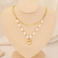 Layered gold stainless steel snake chain necklace with heart pendant and pearl accents - Snake Chain Pearl Heart Style (5#)