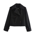 Detail of black double-breasted short trench coat with classic wide lapels and buttons - S / Black