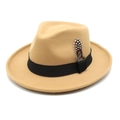 British style wool felt fedora in camel with black ribbon and feather accent - M (56-58cm) / Camel