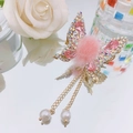 Pink butterfly hair clip with crystal rhinestones, fur ball and pearl chain tassels - Mink Fur Tassel Butterfly / Pink