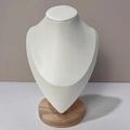 Detailed view of the off-white textured fabric necklace bust with a solid beech wood base - Sparkle Leather / Medium / White
