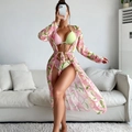 Driedelige geprinte bikini-set met lange mouwen cover-up en bloemenpatroon voor dames - S / Lelie Bloemen