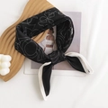 Elegant black silk scarf with white line patterns tied in a bow on a wooden tray - 65*65cm / Black Floral