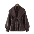 Damen PU-Lederjacke in Dunkelbraun mit Doppellagenkragen und tailliertem Schnitt - S / Rotbraun