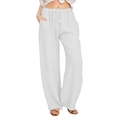 Women's casual white wide-leg linen trousers with elastic drawstring waist and side pockets - XL / White