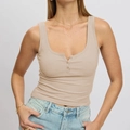 Slim fit beige ribbed knit tank top with U-neck and three buttons for women - S / Apricot