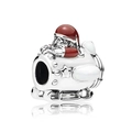 Silver Santa Claus rocket charm with red enamel detail on a reflective white surface - Santa Claus Driving Rocket/Sleigh (Red Enamel)