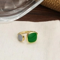 Adjustable gold ring featuring green and grey square enamel panels on linen background - Green Grey Bicolor Enamel (J2581)