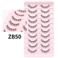Detail of 10 pairs ZB50 natural wispy false eyelashes on pink tray with close-up texture - Natural Dense Style (ZB50)