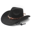 Classic wide brim western cowboy hat in black suede with bull head leather band decoration - M (56-58cm) / Black