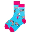Blue crew socks with pink accents featuring cartoon donut and coffee patterns - Sky Blue Dessert