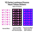 Pegatinas de tatuajes luminosos de corazón con efectos normales, brillantes y fluorescentes UV. - YQ-011 / 6x10.5cm