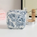 Quilted floral coin purse in white and navy blue with a smooth zipper closure - Dark Blue Floral