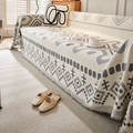 Soft beige chenille sofa throw cover with grey geometric pattern and fringed edges - Gray