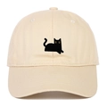 Casquette de baseball beige en coton avec broderie chat noir et visière incurvée - Réglable / Poche zippée