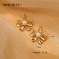 Elegant gold bow earrings with white pearl accents on champagne silk, 3cm x 2.8cm - Classic Bow Knot Pearl Pendant Style (NMSE-D544-1)