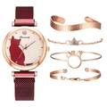 Rose gold quartz watch set with red cat dial and four matching metal bracelets - Watch + Bracelet / Red