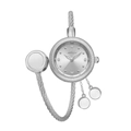 Reloj de pulsera plateado para mujer con cable trenzado y tres dijes redondos colgantes - Plateado