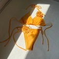 Bright yellow bikini set with 3D rose details and halter strings for women - S / Yellow