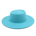 Detail view of the lake blue wool felt boater hat showing smooth fabric texture and flat brim - M (56-58cm) / Lake Blue