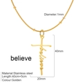 Golden stainless steel cross necklace featuring stylized believe pendant on white background - Believe / Gold