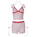 Close-up of V-neck lace trim and red heart pattern on white camisole and shorts set - S / Red Heart