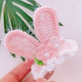 Handmade pink crochet bunny ear hair clip with iridescent thread and pearl flower detail - Pink Small Flower Gauze Rabbit