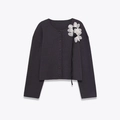 Chaqueta de punto gris oscuro para mujer con aplicaciones de margaritas 3D blancas y botones - S / Gris