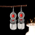 Bohemian vintage silver earrings with red resin stones and feather tassels on wood - Red Resin Feather Tassel Style (E5681)