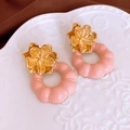 Vintage floral stud earrings with pink wave rings on elegant white porcelain plate - Gold Pink (93# Silver Earring Post)