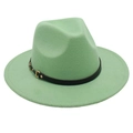 Detail view of light green wool fedora with black leather band and gold buckle - One Size / Green (Single Band)