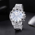 Men's large silver alloy steel watch with white dial, blue markers and chronograph eyes - Silver Band Silver Dial