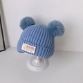 Cute light blue knitted baby hat with dual pom-poms and soft wool texture for winter - 6 Months - 3 Years (33-52cm) / Blue (Dual Pom Poms)