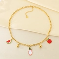 Detailed view of golden stainless steel necklace with watermelon and apple fruit charms - Watermelon Dragon Fruit Style (KN293079-SXSJ)