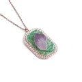 Collana oro rosa con pietra d'ametista grezza e pendente rettangolare verde - Oro Rosa Rettangolare Base Verde Ametista