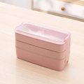 Pink 3-tier 900ml bento lunch box with cutlery set on a minimalist wooden table - Triple Layer-Pink (900ml)-Heat Shrink Film