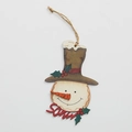 Hand-painted 12cm wooden snowman ornament with red Snow text and holly detail - Snow Style Snowman