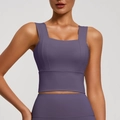 Supportive square neck sports bra with wide straps in a dark purple matte finish - Eggplant Purple