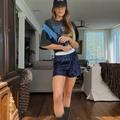 Deep blue sequined shorts paired with black and blue color-blocked long sleeve shirt - S / Navy Shorts