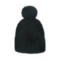 Detail der schwarzen Strickmütze mit klassischem Zopfmuster und weichem Kunstfell-Pompon - M / Schwarz