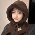 Deep brown knitted balaclava hood scarf with plush lining and drawstring adjustment - Brown (Hat Only)