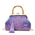 Retro purple silk cheongsam handbag with floral embroidery and natural bamboo handle - Purple